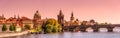 Gorgeous sunset over the old town Charles Bridge Tower Gateway in Prague, Czech Republic, summer time