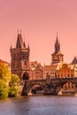 Gorgeous sunset over the old town Charles Bridge Tower Gateway in Prague, Czech Republic, summer time Royalty Free Stock Photo