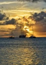 Gorgeous sunset in Saint Vincent and the Grenadines. Sailing ship view.