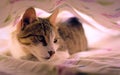 Gorgeous tabby cat with green eyes, playing under the bedsheets