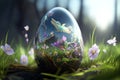 Gorgeous transparent easter egg with flowers. Forest in the background. Easter. Royalty Free Stock Photo