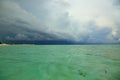 Gorgeous tropical landscape view, Maldives. Turquoise water of Indian Ocean and amazing white clouds. Royalty Free Stock Photo