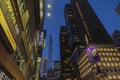 Gorgeous up view of colorful illuminated skyscrapers on dark sky background. Manhattan. New York, Royalty Free Stock Photo