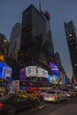 Gorgeous up view of colorful illuminated skyscrapers on night sky background. Manhattan. New York, Royalty Free Stock Photo