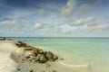 Gorgeous view of Atlantic ocean white sand coast line on turquoise water and blue sky with white clouds background. Royalty Free Stock Photo