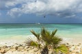 Gorgeous view of Atlantic ocean white sand coast line on turquoise water and blue sky with white clouds background. Royalty Free Stock Photo