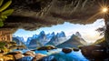 A Gorgeous View of Cliff Cave Waterfall amidst Mountain Sunshine