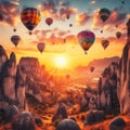 gorgeous view of flying air balloons over Cappadocia at sunrise and lots of people watching this moment from down Royalty Free Stock Photo