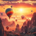 gorgeous view of flying air balloons over Cappadocia at sunrise and lots of people watching this moment from down Royalty Free Stock Photo