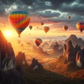 gorgeous view of flying air balloons over Cappadocia at sunrise and lots of people watching this moment from down Royalty Free Stock Photo