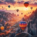 gorgeous view of flying air balloons over Cappadocia at sunrise and lots of people watching this moment from down Royalty Free Stock Photo