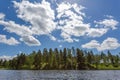 Gorgeous view of forest lake landscape on blue sky and white clouds background. Sweden. Royalty Free Stock Photo