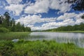 Gorgeous view of forest lake landscape on blue sky and white clouds background. Sweden. Royalty Free Stock Photo