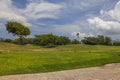 Gorgeous view of green grass golf field on background on tropical trees ang blue sky med white clouds. Royalty Free Stock Photo