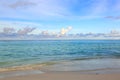 Gorgeous view of Indian Ocean, Maldives. White sand beach, turquoise water, blue sky and white clouds. Royalty Free Stock Photo