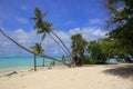 Gorgeous view of Indian Ocean, Maldives. White sand beach, turquoise water, blue sky and white clouds. Royalty Free Stock Photo