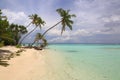 Gorgeous view of Indian Ocean, Maldives. White sand coast line with green trees, turquoise ocean water and blue sky Royalty Free Stock Photo