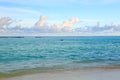 Gorgeous view of Indian Ocean, Maldives. White sand coast line, turquoise ocean water and blue sky with white clouds Royalty Free Stock Photo