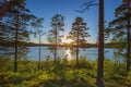 Gorgeous view of nature landscape on sunset. Blue sky and white clouds. Mirror surface with small water ripples. Royalty Free Stock Photo