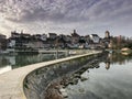 Gorgeous view of pier and lake and the picturesque Swiss city of Murten