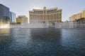 Gorgeous view of water show fountains of Bellagio hotel in sun day. Las Vegas-Strip. Nevada, Royalty Free Stock Photo