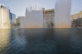 Gorgeous view of water show fountains of Bellagio hotel in sun day. Las Vegas-Strip. Nevada, Royalty Free Stock Photo