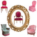 Gorgeous vintage armchairs and picture frame isolated on white background. Armchairs with color, green and purple upholstery