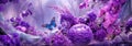 gorgeous violet and purple color abstract banner with flower and butterfly, made with Generative AI