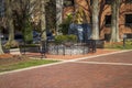 A gorgeous winter landscape at The King Center with a red brick footpath, bare trees, lush green plants and trees