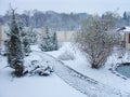 Gorgeous winter view of exterior of a private garden.Landscape design. Pond. Decorative pool with rocks and green plants.