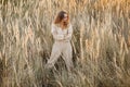 A gorgeous woman in an autumn field illuminated by the warm sun of an evening sunset. Golden ears of corn. Autumn Royalty Free Stock Photo