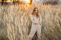 A gorgeous woman in an autumn field illuminated by the warm sun of an evening sunset. Golden ears of corn. Autumn Royalty Free Stock Photo