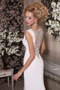 Gorgeous woman with blond hair wears luxurious wedding dress and bijou Royalty Free Stock Photo