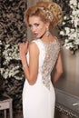 Gorgeous woman with blond hair wears luxurious wedding dress and bijou Royalty Free Stock Photo