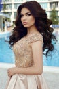 Gorgeous woman with dark hair in luxurious elegant dress Royalty Free Stock Photo