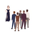 Gorgeous woman in evening dress standing in front of group of men dressed in formal clothing. Concept of girl choosing