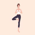 Gorgeous woman practicing Hatha yoga and zen meditation. Pretty female cartoon character standing in Tree pose and