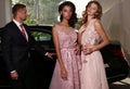 Gorgeous women wear luxurious dress,posing beside black car Royalty Free Stock Photo