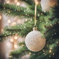 Gorgeous x-mas tree with shiny white baubles and festive lights close up. Snow globes hang on pine branches. Happy New Year Royalty Free Stock Photo