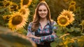 Gorgeous, young, adorable, female farmer posing for the camera in the middle of a sunflower field during sunrise Royalty Free Stock Photo