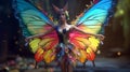 Gorgeous young woman as fairy with rainbow wings. Generative AI