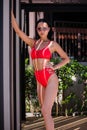 Gorgeous young woman posing in bikini near pool Royalty Free Stock Photo