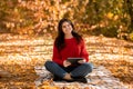 Gorgeous young woman in red knitted sweater using tablet computer at autumn park Royalty Free Stock Photo