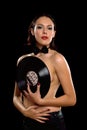Gorgeous young woman topless with vinyl Royalty Free Stock Photo