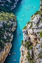 France. Gorges du Verdon. Tourists on pedal boats and canoes navigate the grand cany