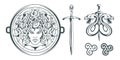 Gorgon Medusa - monster with a female face and snakes instead of hair. Sword. Medusa head. Greek mythology. Hand drawn traditional Royalty Free Stock Photo