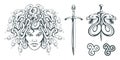 Gorgon Medusa - monster with a female face and snakes instead of hair. Sword. Medusa head. Greek mythology. Royalty Free Stock Photo