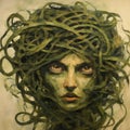 Gorgon: A Tangled Nest Of Green Hair In Expressionist Style