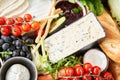 Gorgonzola cheese close-up. Table full of mediterranean appetizers, tapas or antipasto. Assorted Italian food set Royalty Free Stock Photo