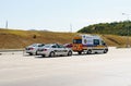 Gori, Georgia - August 28, 2022: Police and ambulance cars stand on the highway